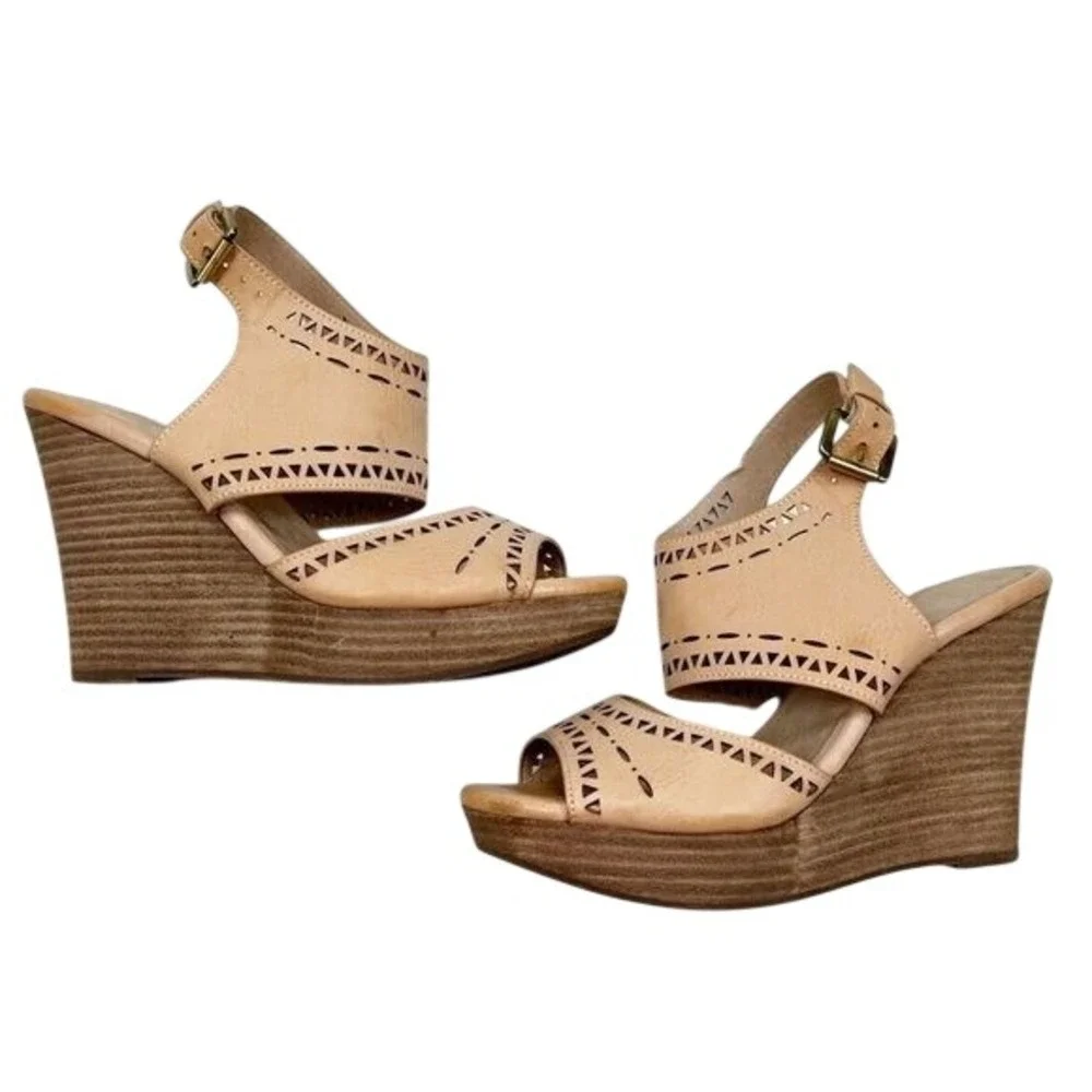 Restricted Tan Leather Laser‎ Cut Wedge Heels Size 7.5